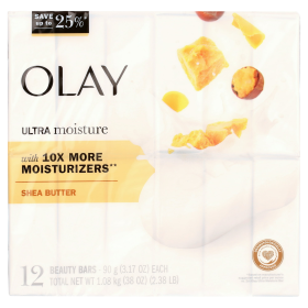 Olay Moisture Outlast Ultra Moisture Shea Butter Beauty Soap Bar Vitamin B3 Complex, 3.17 oz, 12 ct